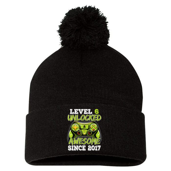 Level 6 Unlocked Awesome Since 2017 6 Year Gamer Birthday Pom Pom 12in Knit Beanie