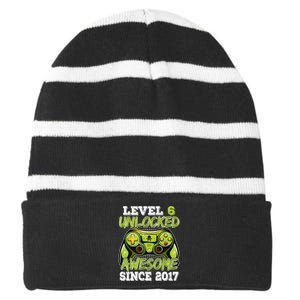 Level 6 Unlocked Awesome Since 2017 6 Year Gamer Birthday Striped Beanie with Solid Band