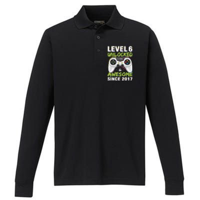 Level 6 Unlocked Awesome Since 2017 6th Birthday Gaming Performance Long Sleeve Polo