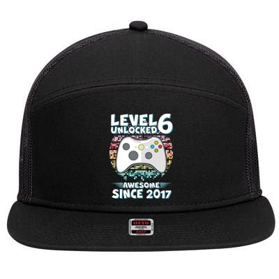 Level 6 Unlocked Awesome Since 2017 Gamer Birthday 7 Panel Mesh Trucker Snapback Hat