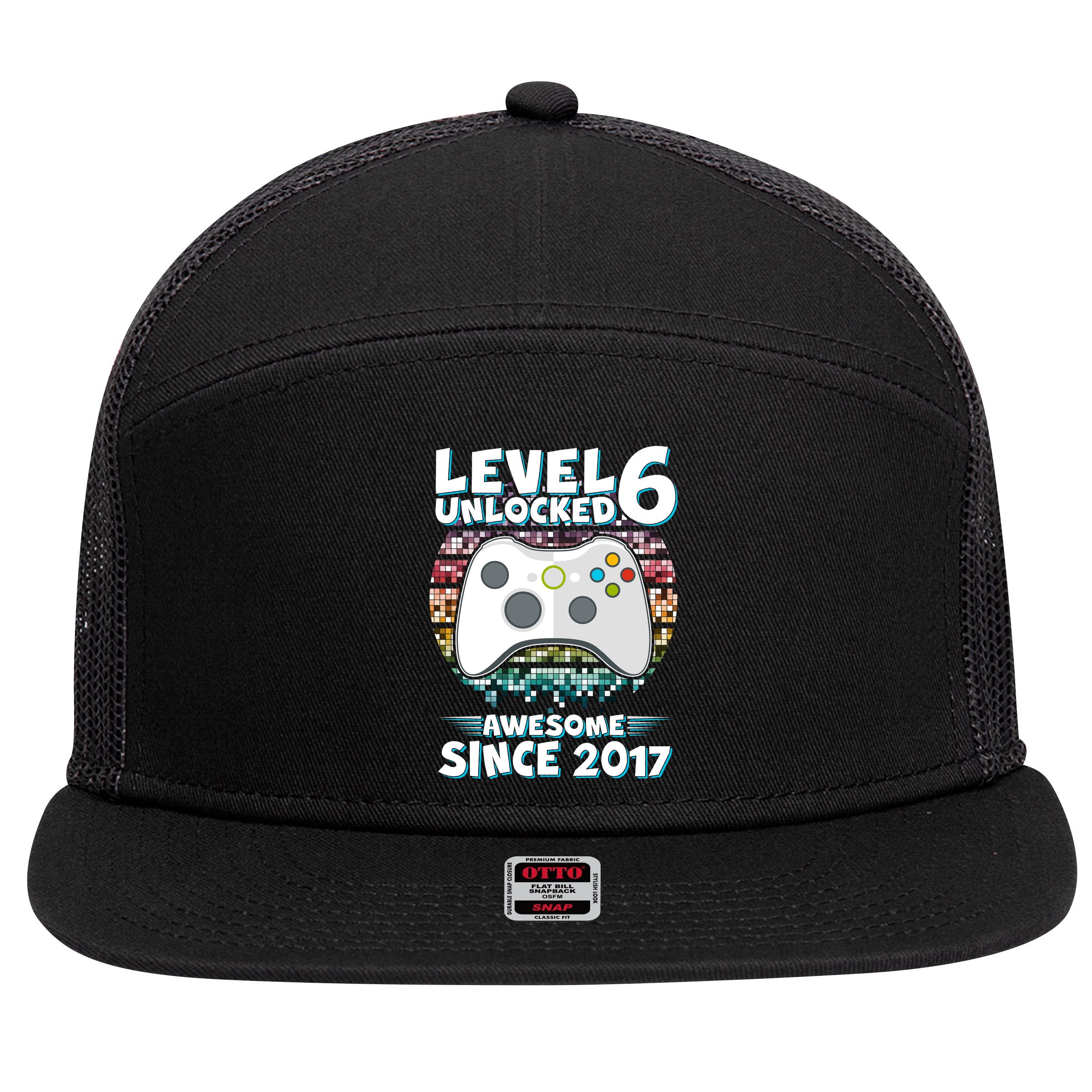 Level 6 Unlocked Awesome Since 2017 Gamer Birthday 7 Panel Mesh Trucker Snapback Hat