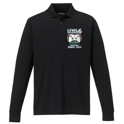 Level 6 Unlocked Awesome Since 2017 Gamer Birthday Performance Long Sleeve Polo