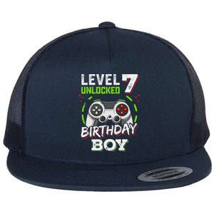 Level 7 Unlocked Birthday Boy Video Gamer Level Up Flat Bill Trucker Hat