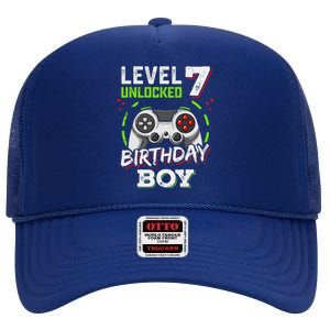 Level 7 Unlocked Birthday Boy Video Gamer Level Up High Crown Mesh Back Trucker Hat