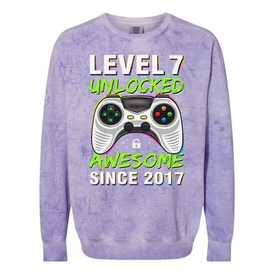 Level 7 Unlocked Awesome Since 2017 7th Birthday Gaming Colorblast Crewneck Sweatshirt