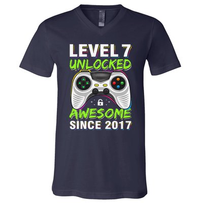 Level 7 Unlocked Awesome Since 2017 7th Birthday Gaming V-Neck T-Shirt