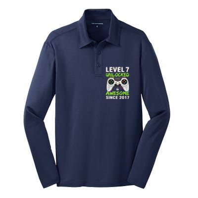 Level 7 Unlocked Awesome Since 2017 7th Birthday Gaming Silk Touch Performance Long Sleeve Polo