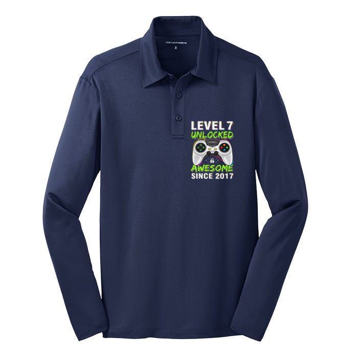 Level 7 Unlocked Awesome Since 2017 7th Birthday Gaming Silk Touch Performance Long Sleeve Polo