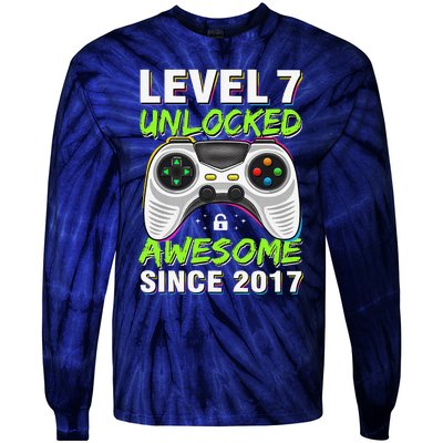 Level 7 Unlocked Awesome Since 2017 7th Birthday Gaming Tie-Dye Long Sleeve Shirt