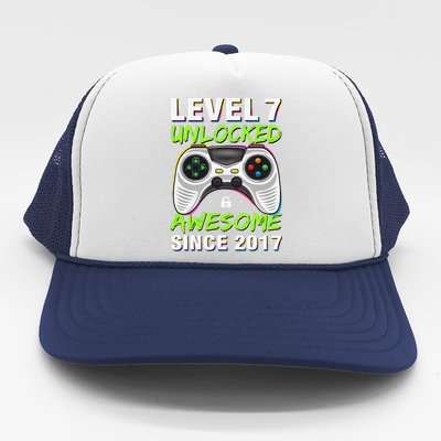 Level 7 Unlocked Awesome Since 2017 7th Birthday Gaming Trucker Hat