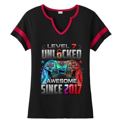 Level 7 Unlocked Awesome Since 2017 7th Birthday Gaming Ladies Halftime Notch Neck Tee