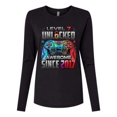 Level 7 Unlocked Awesome Since 2017 7th Birthday Gaming Womens Cotton Relaxed Long Sleeve T-Shirt