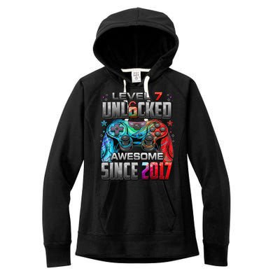 Level 7 Unlocked Awesome Since 2017 7th Birthday Gaming Women's Fleece Hoodie