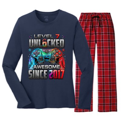 Level 7 Unlocked Awesome Since 2017 7th Birthday Gaming Women's Long Sleeve Flannel Pajama Set 