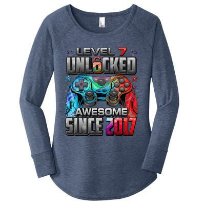 Level 7 Unlocked Awesome Since 2017 7th Birthday Gaming Women's Perfect Tri Tunic Long Sleeve Shirt