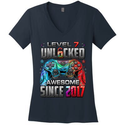 Level 7 Unlocked Awesome Since 2017 7th Birthday Gaming Women's V-Neck T-Shirt