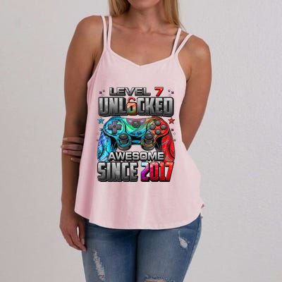 Level 7 Unlocked Awesome Since 2017 7th Birthday Gaming Women's Strappy Tank