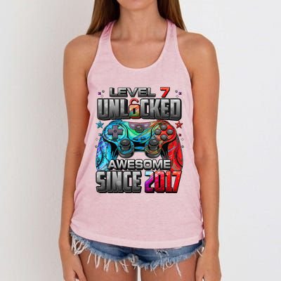 Level 7 Unlocked Awesome Since 2017 7th Birthday Gaming Women's Knotted Racerback Tank