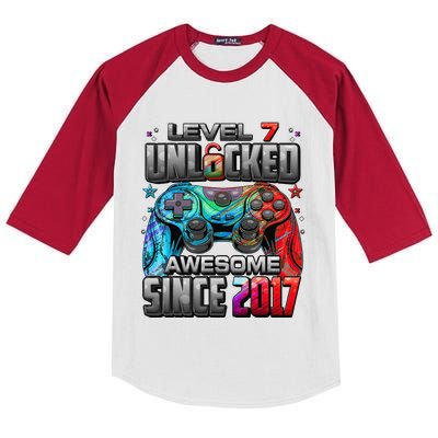 Level 7 Unlocked Awesome Since 2017 7th Birthday Gaming Kids Colorblock Raglan Jersey