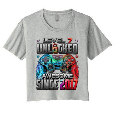 Level 7 Unlocked Awesome Since 2017 7th Birthday Gaming Women's Crop Top Tee