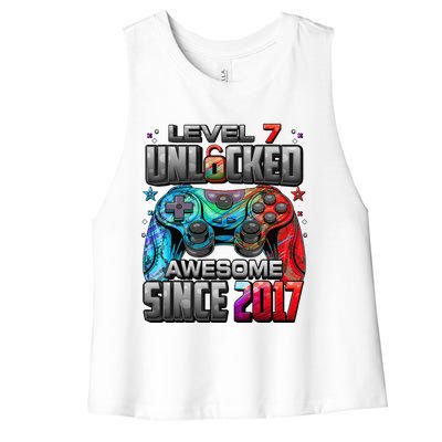 Level 7 Unlocked Awesome Since 2017 7th Birthday Gaming Women's Racerback Cropped Tank