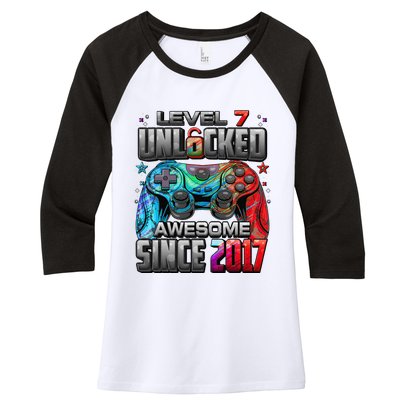 Level 7 Unlocked Awesome Since 2017 7th Birthday Gaming Women's Tri-Blend 3/4-Sleeve Raglan Shirt