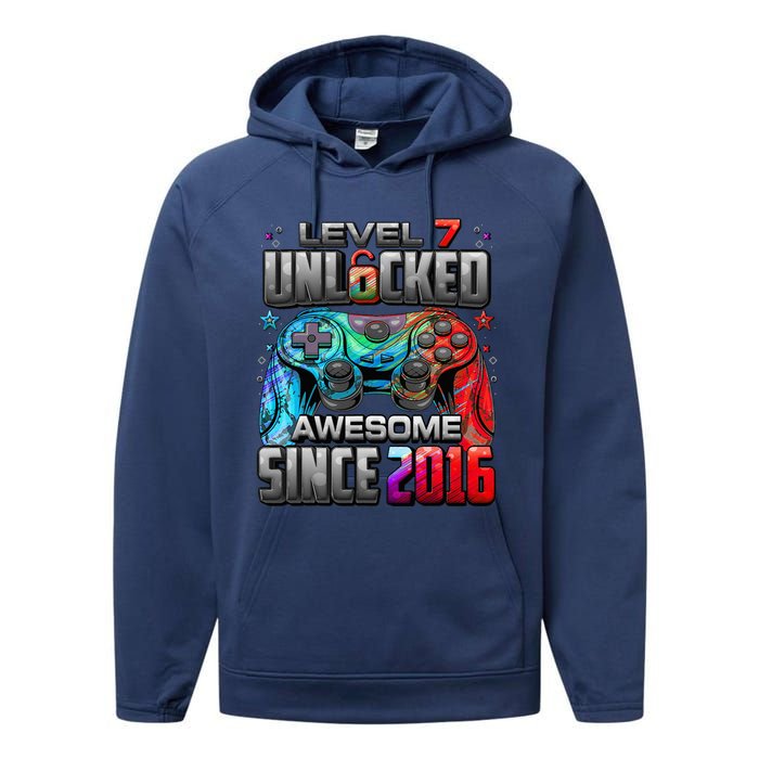 Level 7 Unlocked Awesome Since 2016 7th Birthday Gaming Performance Fleece Hoodie