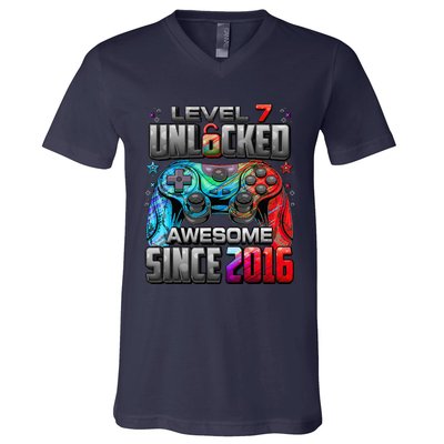 Level 7 Unlocked Awesome Since 2016 7th Birthday Gaming V-Neck T-Shirt