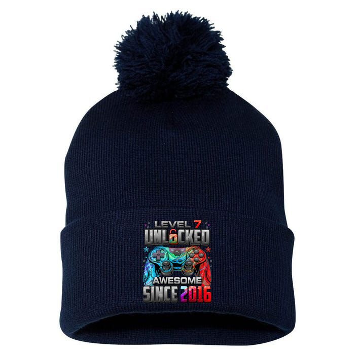 Level 7 Unlocked Awesome Since 2016 7th Birthday Gaming Pom Pom 12in Knit Beanie