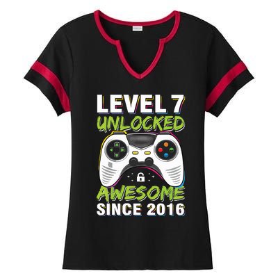 Level 7 Unlocked Awesome Since 2016 7th Birthday Gaming Ladies Halftime Notch Neck Tee