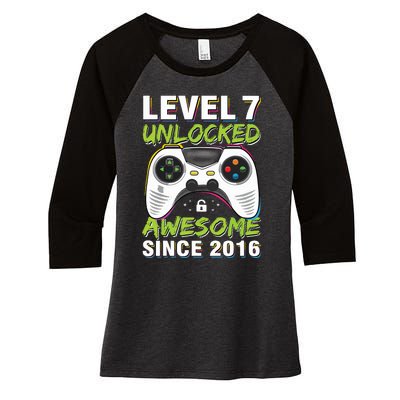 Level 7 Unlocked Awesome Since 2016 7th Birthday Gaming Women's Tri-Blend 3/4-Sleeve Raglan Shirt