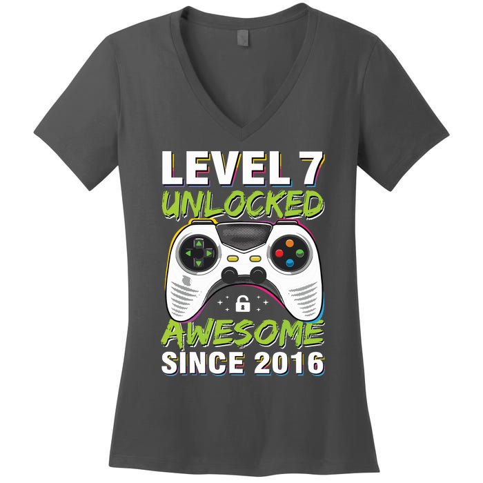 Level 7 Unlocked Awesome Since 2016 7th Birthday Gaming Women's V-Neck T-Shirt