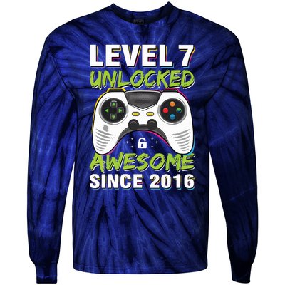 Level 7 Unlocked Awesome Since 2016 7th Birthday Gaming Tie-Dye Long Sleeve Shirt