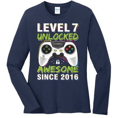 Level 7 Unlocked Awesome Since 2016 7th Birthday Gaming Ladies Long Sleeve Shirt