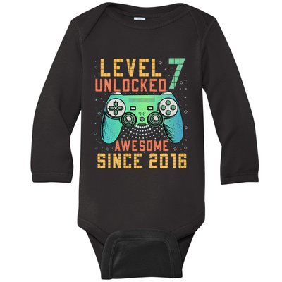 Level 7 Unlocked 7th Birthday 7 Year Old Boy Gifts Gamer Baby Long Sleeve Bodysuit