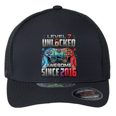 Level 7 Unlocked Awesome Since 2016 7th Birthday Gaming Flexfit Unipanel Trucker Cap