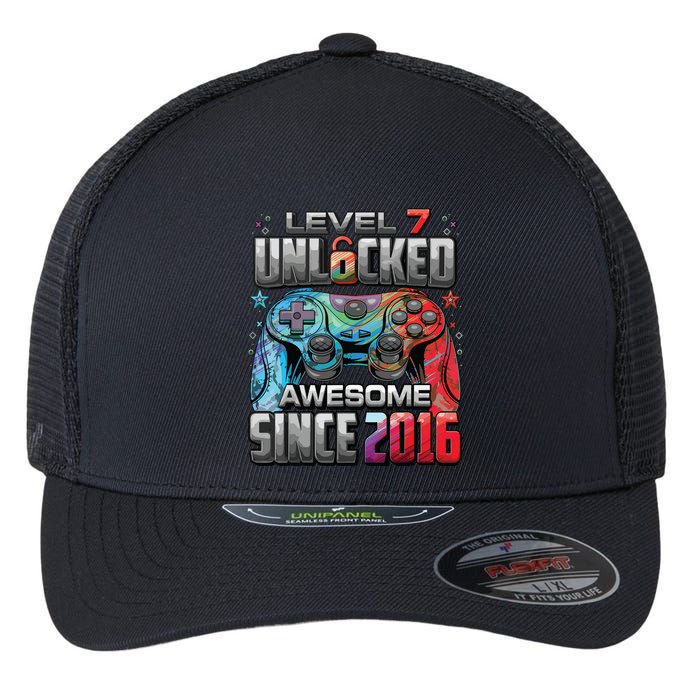 Level 7 Unlocked Awesome Since 2016 7th Birthday Gaming Flexfit Unipanel Trucker Cap