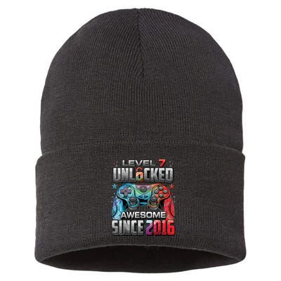 Level 7 Unlocked Awesome Since 2016 7th Birthday Gaming Sustainable Knit Beanie