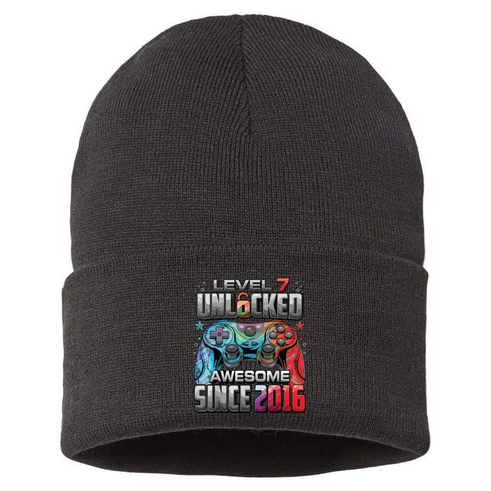 Level 7 Unlocked Awesome Since 2016 7th Birthday Gaming Sustainable Knit Beanie
