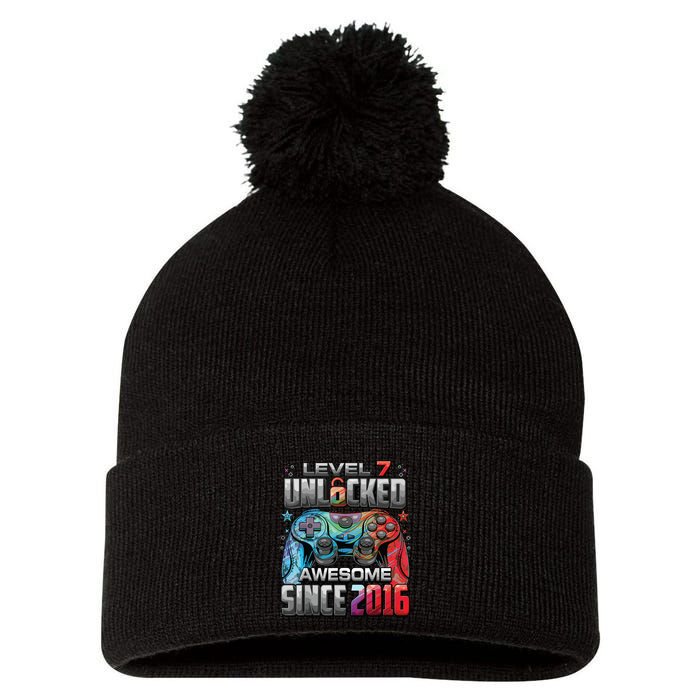 Level 7 Unlocked Awesome Since 2016 7th Birthday Gaming Pom Pom 12in Knit Beanie