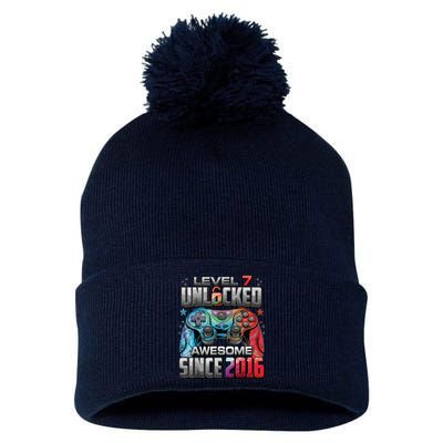 Level 7 Unlocked Awesome Since 2016 7th Birthday Gaming Pom Pom 12in Knit Beanie