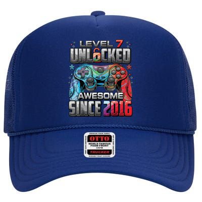 Level 7 Unlocked Awesome Since 2016 7th Birthday Gaming High Crown Mesh Back Trucker Hat