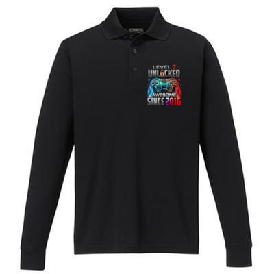 Level 7 Unlocked Awesome Since 2016 7th Birthday Gaming Performance Long Sleeve Polo