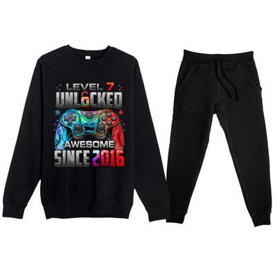 Level 7 Unlocked Awesome Since 2016 7th Birthday Gaming Premium Crewneck Sweatsuit Set