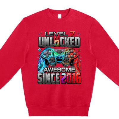 Level 7 Unlocked Awesome Since 2016 7th Birthday Gaming Premium Crewneck Sweatshirt