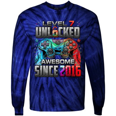 Level 7 Unlocked Awesome Since 2016 7th Birthday Gaming Tie-Dye Long Sleeve Shirt