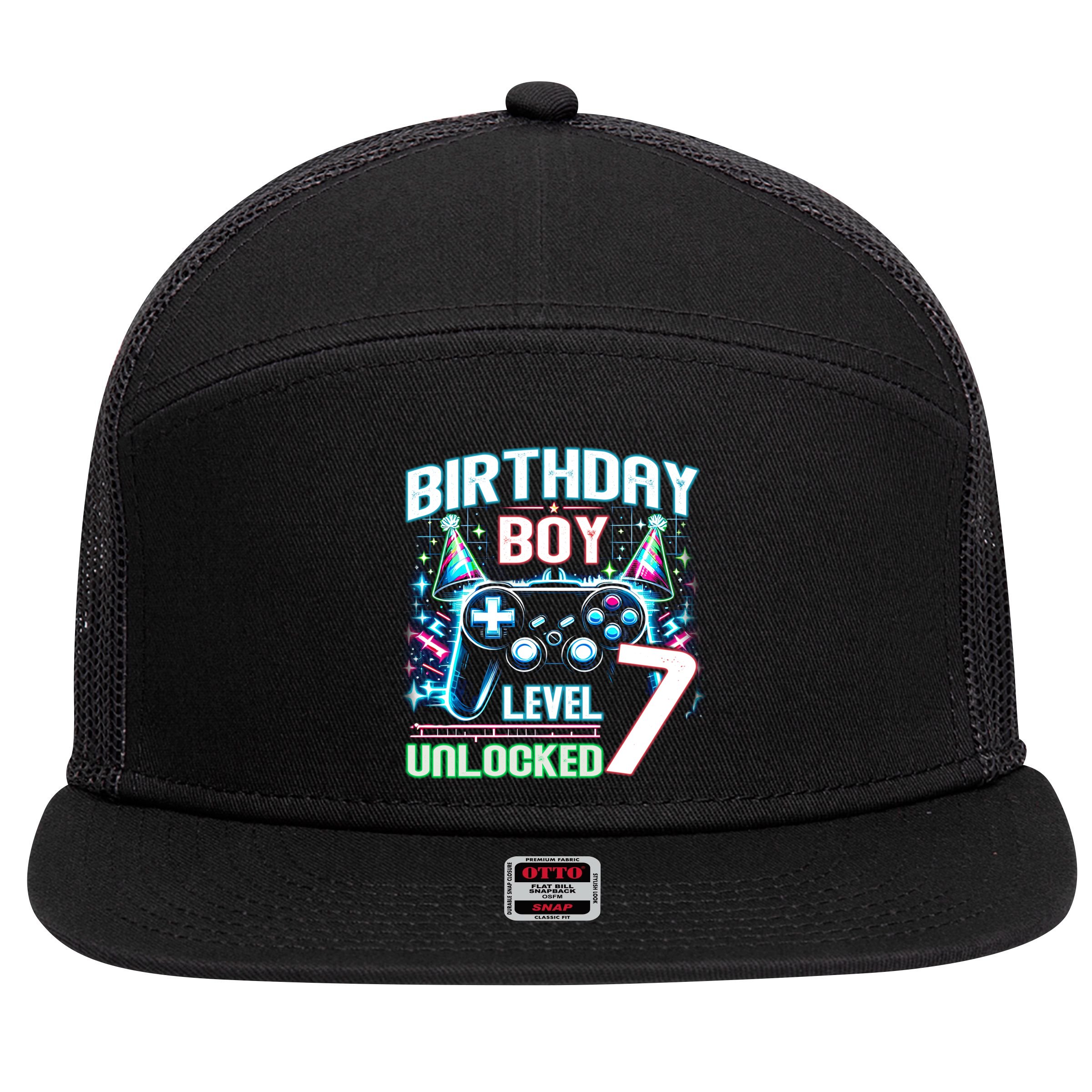 Level 7 Unlocked Birthday Gamer Video Game Party Gift 7 Panel Mesh Trucker Snapback Hat