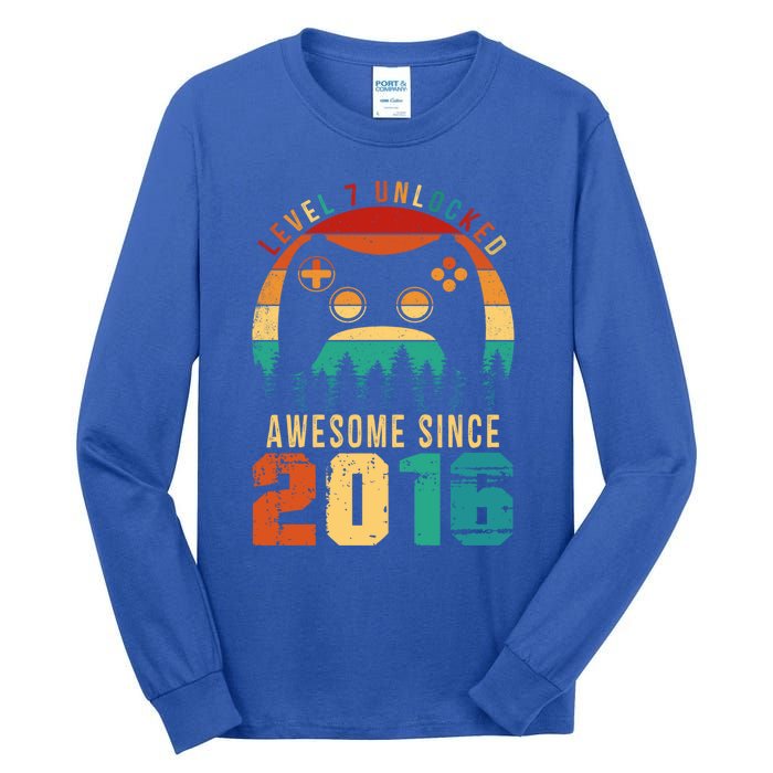 Level 7 Unlocked Awesome Since 2016 7th Birthday Gamer Gift Tall Long Sleeve T-Shirt