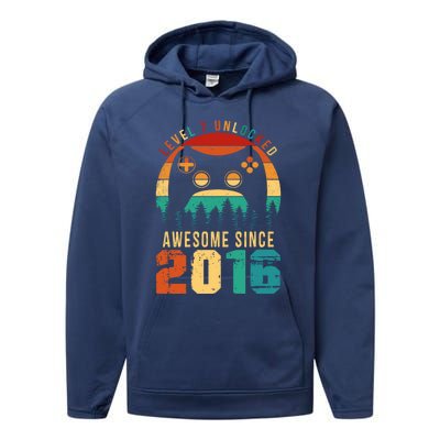 Level 7 Unlocked Awesome Since 2016 7th Birthday Gamer Gift Performance Fleece Hoodie