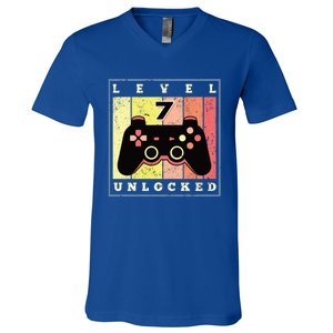 Level 7 Unlocked Funny Gamer 7th Birthday Retro Gaming Gift V-Neck T-Shirt